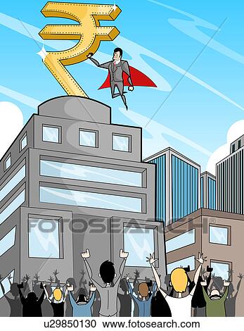 Stock Image - Business super hero with rupee symbol guiding people. Fotosearch