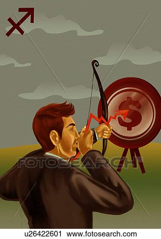 Stock Image - Businessman aiming a target with bow and arrow. Fotosearch