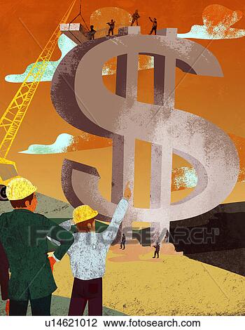 Stock Image - Businessman and an architect constructing dollar sign money building. Fotosearch