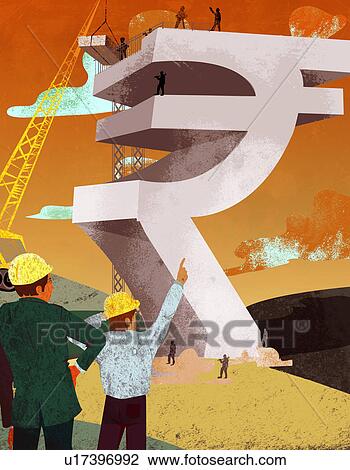 Stock Image - Businessman and an architect constructing rupee sign money building. Fotosearch
