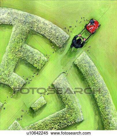 Stock Photography - Businessman breaking maze by a lawn mower. Fotosearch