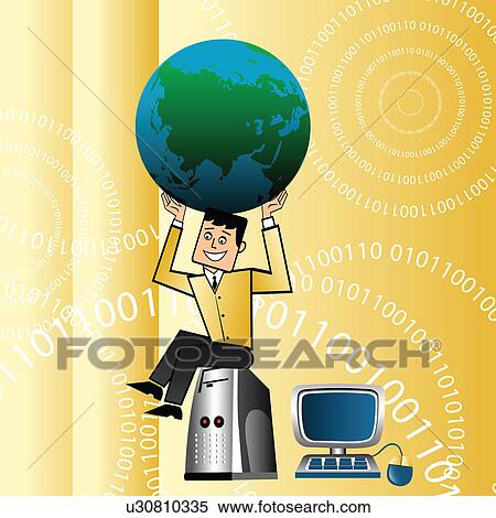 Stock Photography - Businessman carrying globe on his head with a computer. Fotosearch