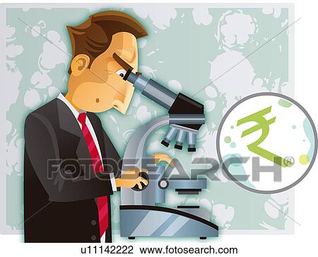 Stock Image - Businessman examining rupee symbol through a microscope. Fotosearch