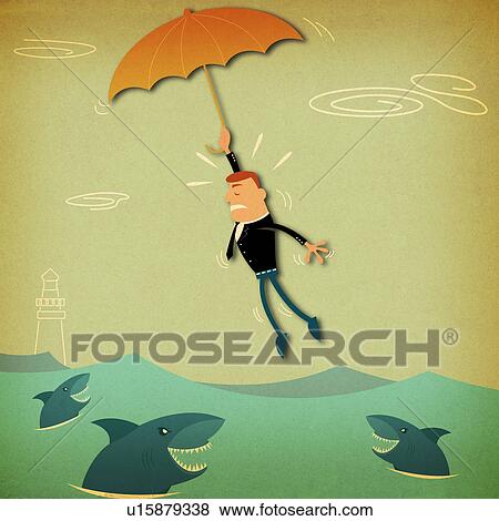 Businessman flying with an umbrella over the sea View Large Photo Image Stock Photo - Businessman flying with an umbrella over the sea. Fotosearch