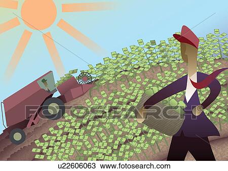 Stock Image - Businessman harvesting money from a field. Fotosearch