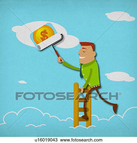 Businessman holding a dollar sign on a ladder View Large Photo Image Stock Image - Businessman holding a dollar sign on a ladder. Fotosearch