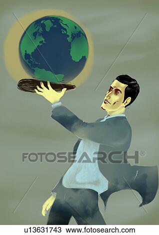 Businessman holding a globe on a platter View Large Photo Image Stock Image - Businessman holding a globe on a platter. Fotosearch