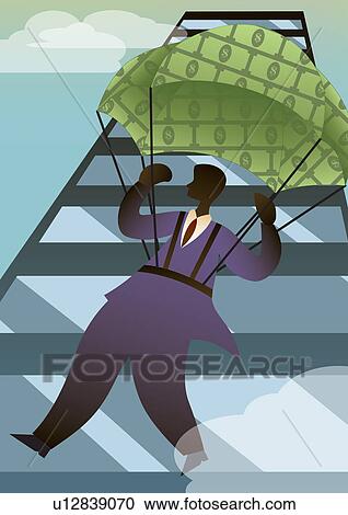 Businessman jumping with a parachute of money View Large Photo Image Stock Image - Businessman jumping with a parachute of money. Fotosearch