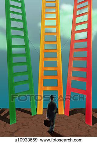 Stock Photo - Businessman looking at three different ladders. Fotosearch