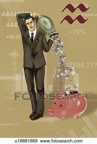 Businessman pouring money into a piggy bank View Large Photo Image Stock Photo - Businessman pouring money into a piggy bank. Fotosearch