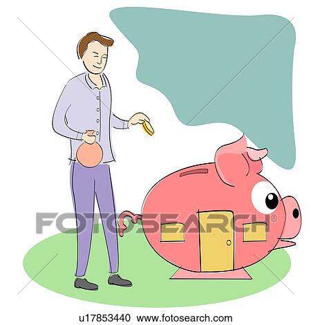 Stock Image - Businessman putting money into a piggy bank house. Fotosearch