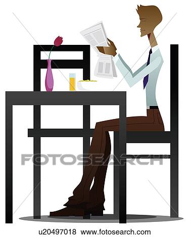 Stock Photo - Businessman reading a newspaper and eating breakfast. Fotosearch
