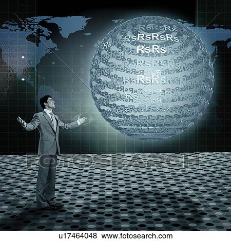 Stock Photo - Businessman standing in front a globe with rupee symbols. Fotosearch