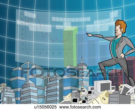 Businessman standing on a dump of computer equipment and pointing towards a financial line graph View Large Photo Image Stock Photography - Businessman standing on a dump of computer equipment and pointing towards a financial line graph. Fotosearch