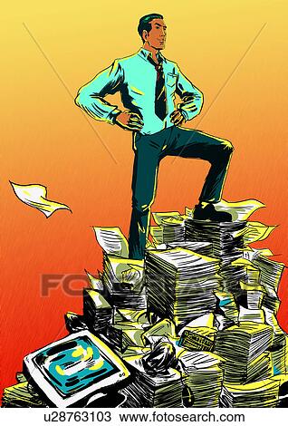 Stock Image - Businessman standing on papers. Fotosearch