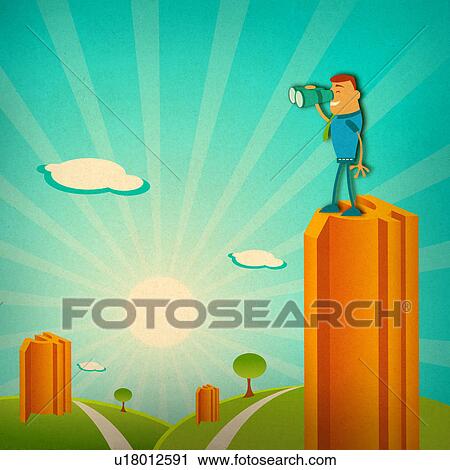 Stock Image - Businessman standing on the top of a building looking through binoculars. Fotosearch
