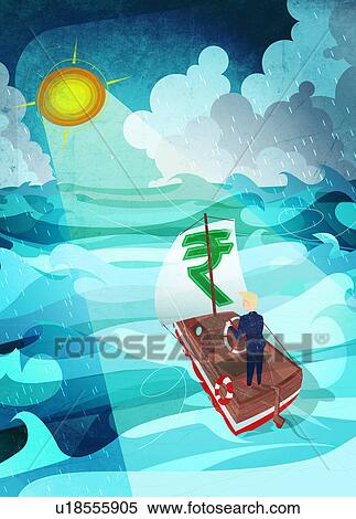 Businessman steering boat in the sea with rupee symbol sail View Large Photo Image Stock Photography - Businessman steering boat in the sea with rupee symbol sail. Fotosearch