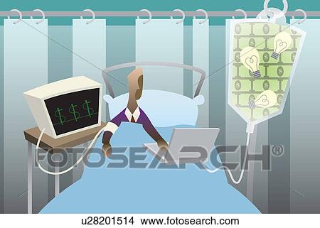 Picture - Businessman using a laptop in a hospital bed. Fotosearch
