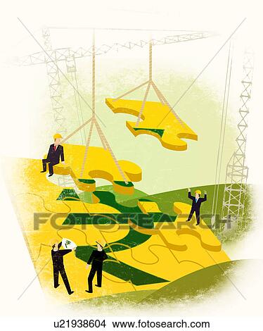 Picture - Businessmen constructing a money building. Fotosearch