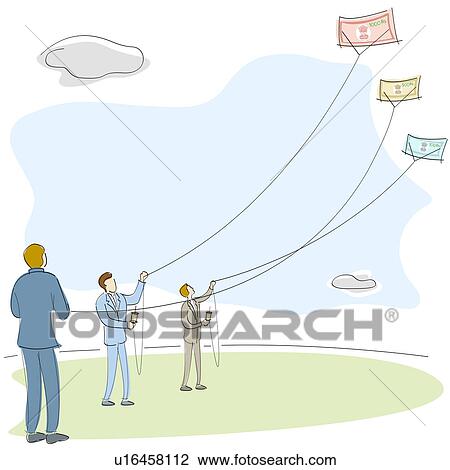 Stock Image - Businessmen flying kites of money in a field. Fotosearch