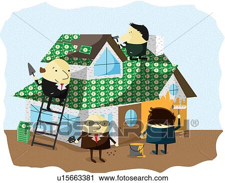 Stock Image - Businessmen protecting house with insurance cover. Fotosearch