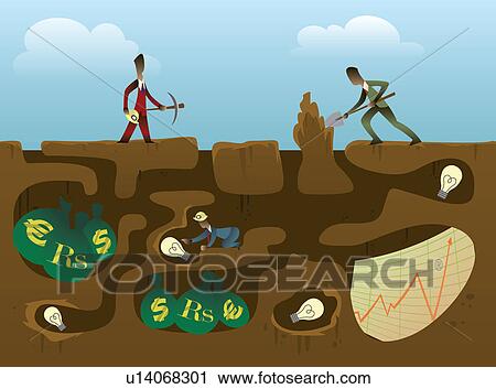 Stock Image - Businessmen searching money from a mine. Fotosearch