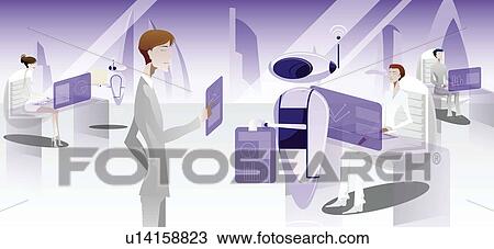 Businesspeople working in an office with robots View Large Photo Image Stock Image - Businesspeople working in an office with robots. Fotosearch