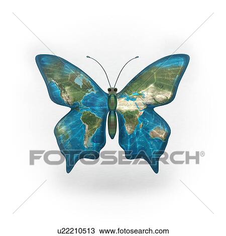 Stock Image - Butterfly with world map on its wings. Fotosearch