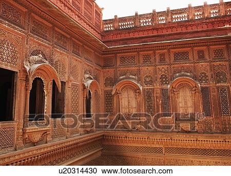 Stock Image - Carving on a fort, Meherangarh Fort, Jodhpur, Rajasthan, India. Fotosearch