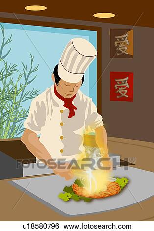 Stock Photograph - Chef cooking food in a commercial kitchen. Fotosearch