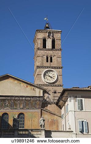 Clock tower of a church, Basilica di Santa Maria in Trastevere, Piazza di Santa Maria in Trastevere, Rome, Lazio, Italy View Large Photo Image Stock Photograph - Clock tower of a church, Basilica di Santa Maria in Trastevere, Piazza di Santa Maria in Trastevere, Rome, Lazio, Italy. Fotosearch