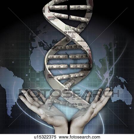 Stock Photography - Close-up of a person's hands holding Helix model of DNA made up of Indian currency notes. Fotosearch