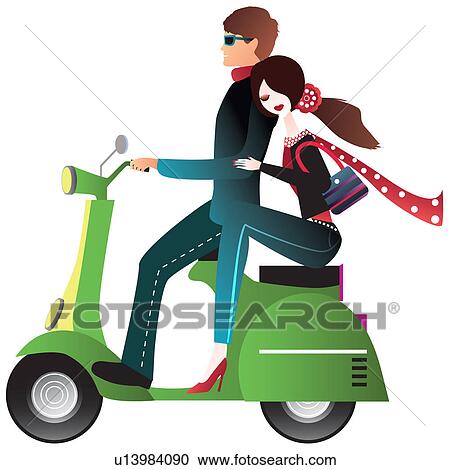 Stock Image - Couple riding a scooter. Fotosearch