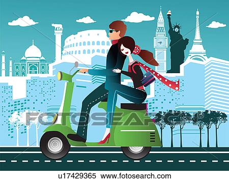 Stock Photography - Couple riding a scooter with some international tourist attractions in the background. Fotosearch