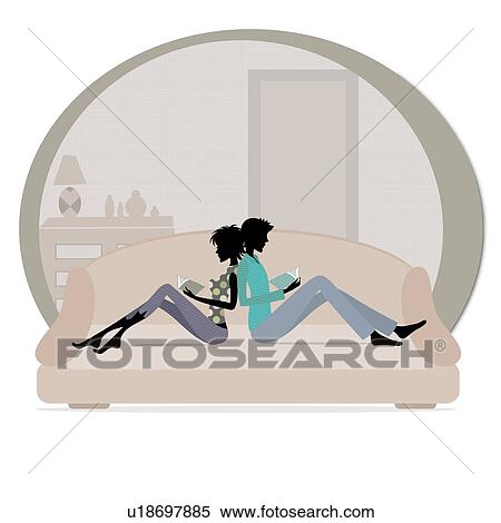 Couple sitting back to back on a couch and reading books View Large Photo Image Stock Photography - Couple sitting back to back on a couch and reading books. Fotosearch