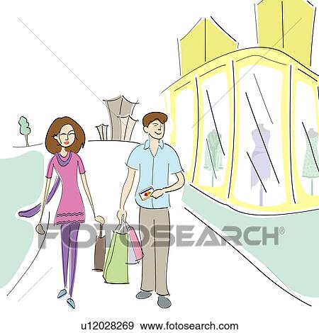 Couple walking on the road with shopping bags View Large Photo Image Stock Photo - Couple walking on the road with shopping bags. Fotosearch