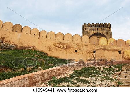 Stock Image - Defensive wall of a fort, Amber, Amber Fort, Jaipur, Rajasthan, India. Fotosearch