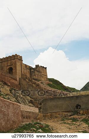 Stock Photography - Defensive wall of a fort, Amber, Amber Fort, Jaipur, Rajasthan, India. Fotosearch