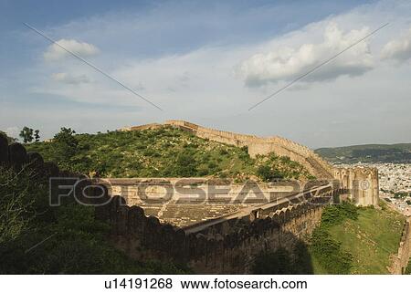 Defensive wall of a fort on the hill, Nahargarh Fort, Jaipur, Rajasthan, India View Large Photo Image Stock Photo - Defensive wall of a fort on the hill, Nahargarh Fort, Jaipur, Rajasthan, India. Fotosearch
