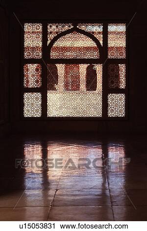 Stock Image - Detail of latticework window, Tomb Of Sheikh Salim Chisti, Fatehpur Sikri, Agra, Uttar Pradesh, India. Fotosearch