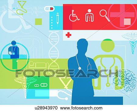 Stock Image - Doctor with medical symbols. Fotosearch