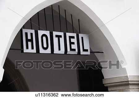 Stock Image - Entrance of a hotel, Cesky Krumlov, South Bohemian Region, Czech Republic. Fotosearch