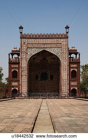 Stock Image - Facade of a mausoleum, Tomb Of Akbar The Great, Sikandra, Agra, Uttar Pradesh, India. Fotosearch