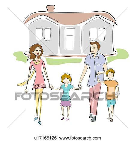 Stock Photograph - Family walking in front of a house. Fotosearch