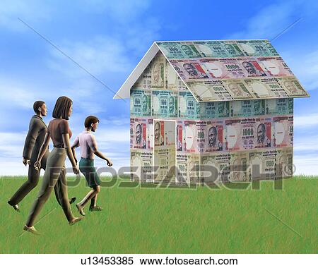Family walking towards a home covering with rupees View Large Photo Image Stock Photography - Family walking towards a home covering with rupees. Fotosearch