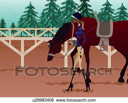 Stock Photo - Female jockey walking with a horse. Fotosearch