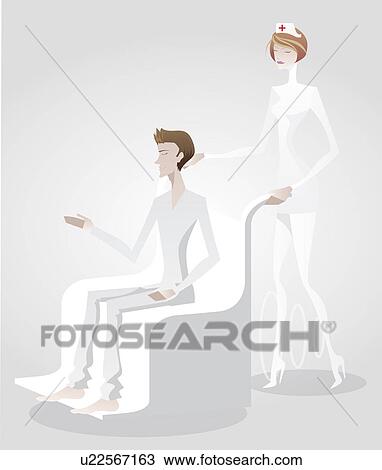 Stock Image - Female nurse pushing patient on wheelchair. Fotosearch