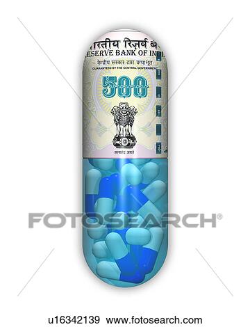 Stock Photo - Five hundred rupees banknote on a capsule. Fotosearch