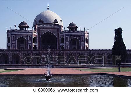 Stock Photography - Fountain in front of a tomb, Humayun's Tomb, Delhi, India. Fotosearch