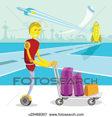 Futuristic robot pushing luggage on a cart at an airport View Large Photo Image Stock Photo - Futuristic robot pushing luggage on a cart at an airport. Fotosearch